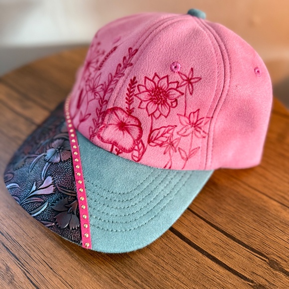 Hand Burned Baseball Cap with Butterfly Tooled Leather, Burned Wildflower Hat - Picture 2 of 3